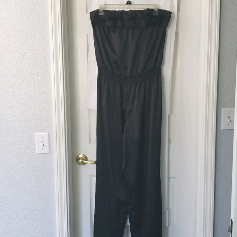 Black satin strapless jumpsuit